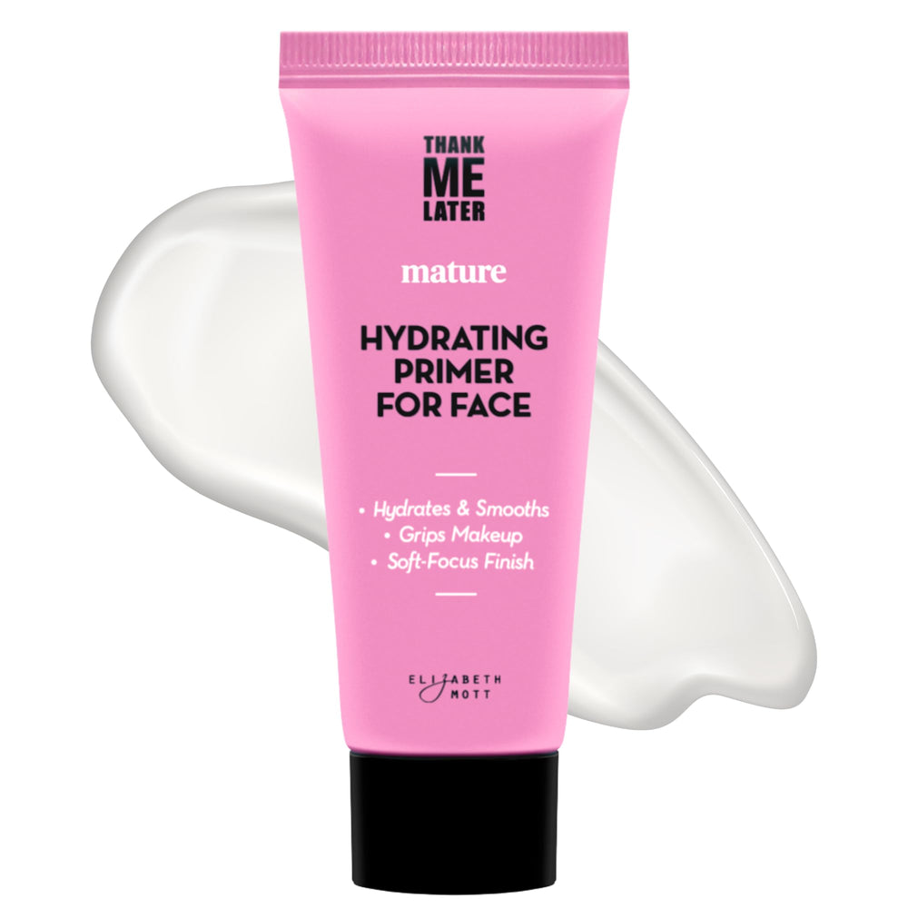 Elizabeth Mott Thank Me Later Primer bottle closeup for hydrated skin and smooth base.