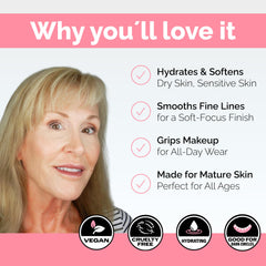 Elizabeth Mott Thank Me Later Primer texture-smoothing closeup demonstrates lightweight satin finish.