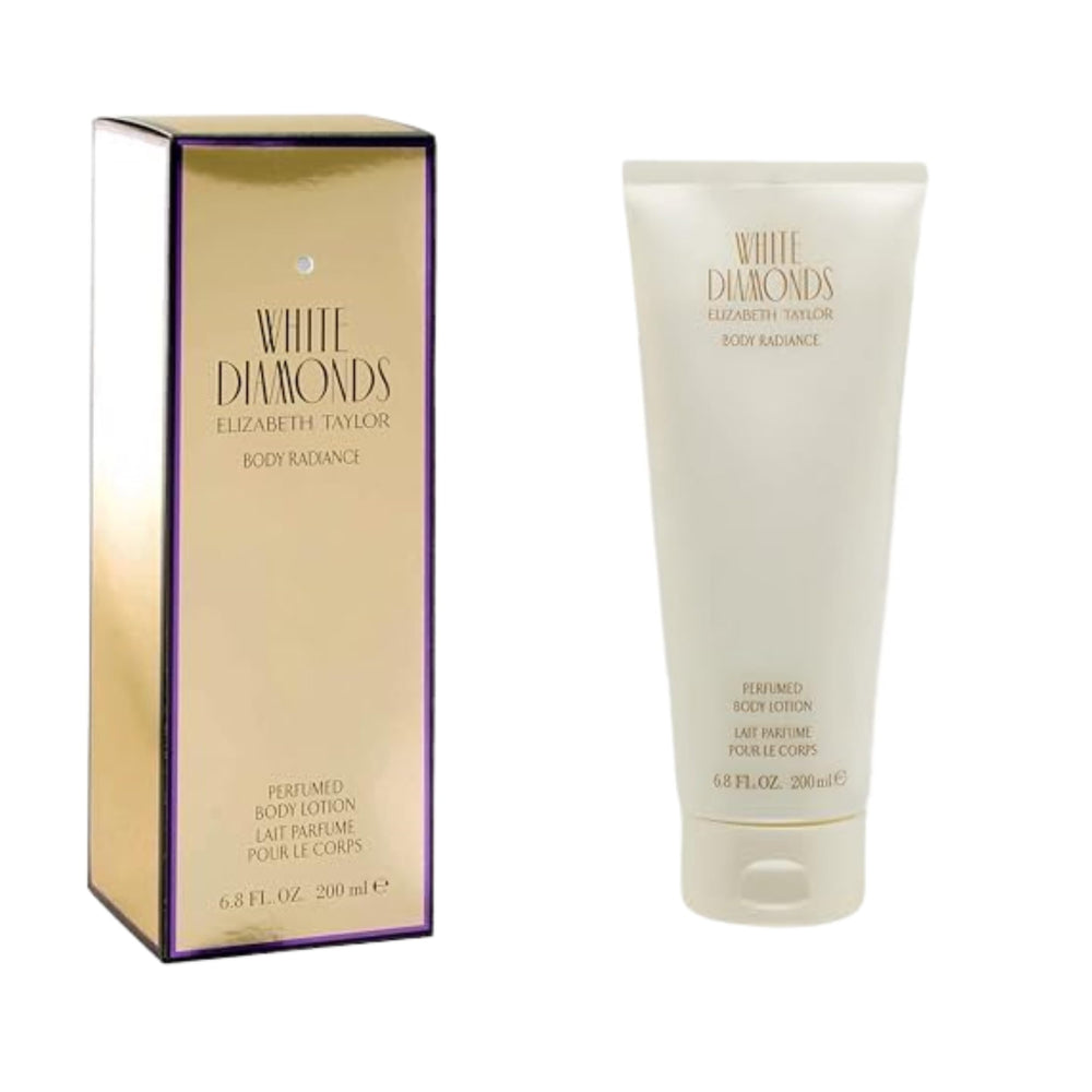 Elizabeth Taylor White Diamonds body lotion 6.8 oz packaging for daily nourishment and smooth skin.