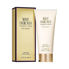 Elizabeth Taylor White Diamonds body lotion bottle demonstrates hydrated skin ready for daily wear