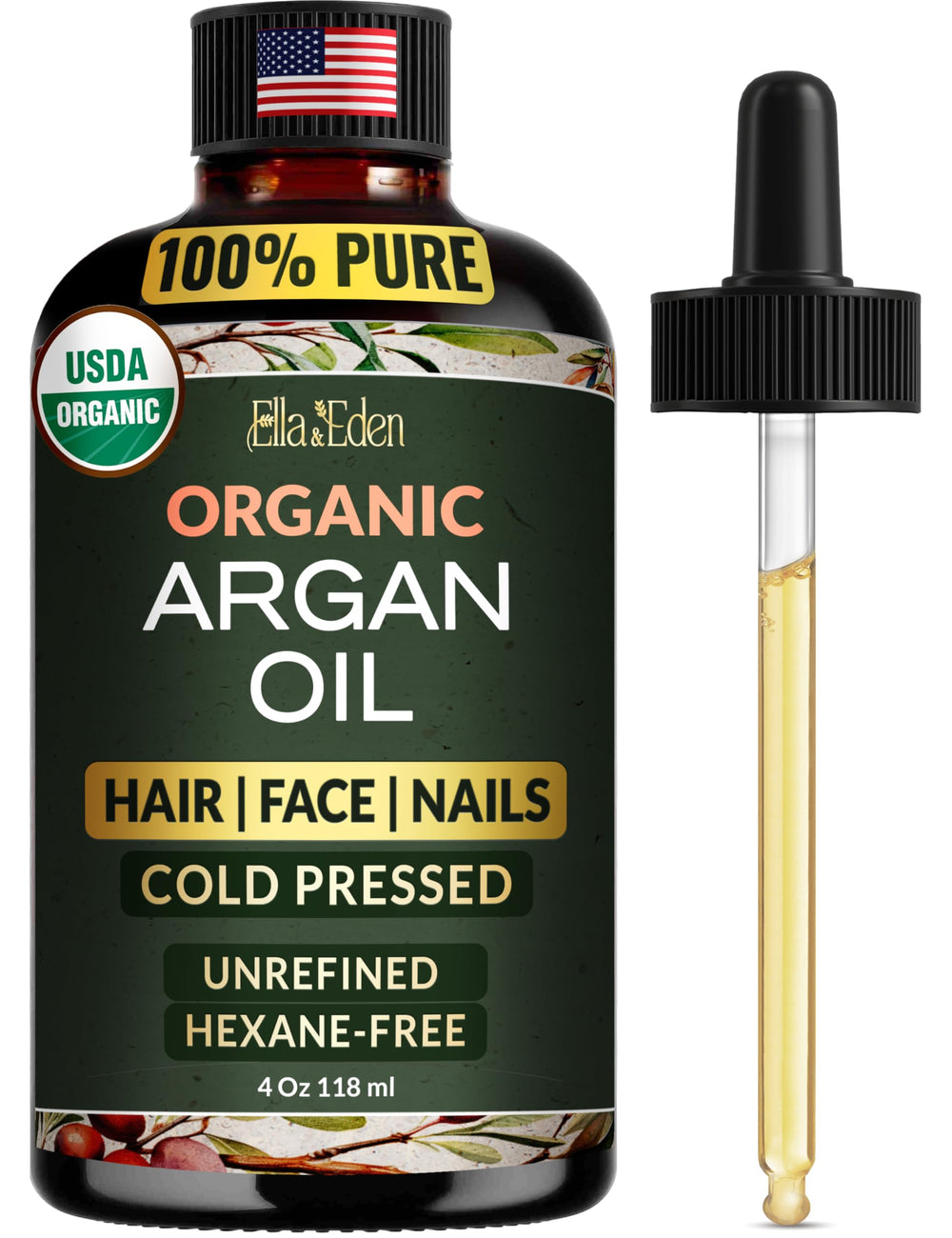 Ella & Eden Organic Moroccan Argan Oil bottle for hair shine and skin hydration.