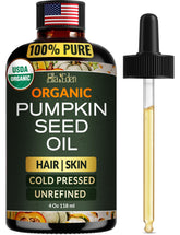 Ella & Eden pumpkin seed oil bottle close-up highlighting purity and hexane-free formula