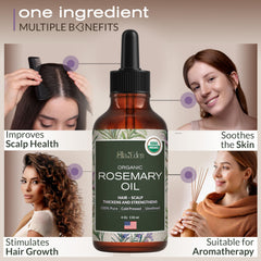 Ella & Eden glass bottle detail emphasizing 100% pure steam-distilled rosemary oil use.