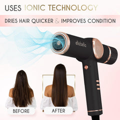 ELLA BELLA professional dryer side profile highlights its lightweight, comfortable grip for easy styling.