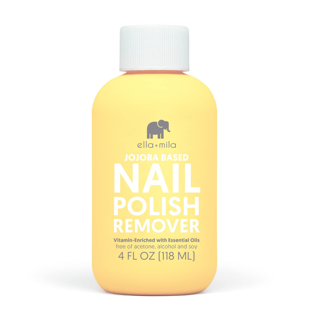 ella+mila jojoba nail polish remover bottle shows gentle non-acetone formula for natural nails