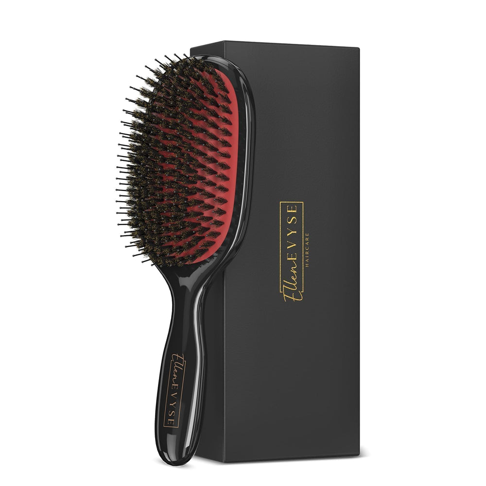 Ellen Evyse boar bristle brush detangles hair for smoother, shinier results.
