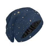 ElliTarr satin bonnet dark blue stars close-up reveals silky lining and soft fabric