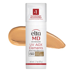 EltaMD UV AOX Elements tinted sunscreen bottle pump provides SPF 50 protection for sensitive skin.