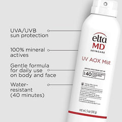 EltaMD UV AOX Mist spray on the face with even coverage.