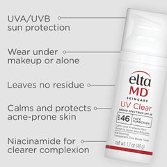 EltaMD UV Clear packaging box highlights dermatologist-recommended sunscreen for acne-prone skin.