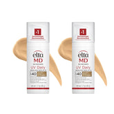 EltaMD UV Daily tinted sunscreen pump front with sheer coverage blending into skin tone.