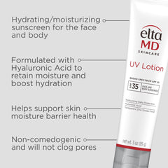 EltaMD UV Lotion highlights Hyaluronic Acid for lasting hydration during sun exposure.