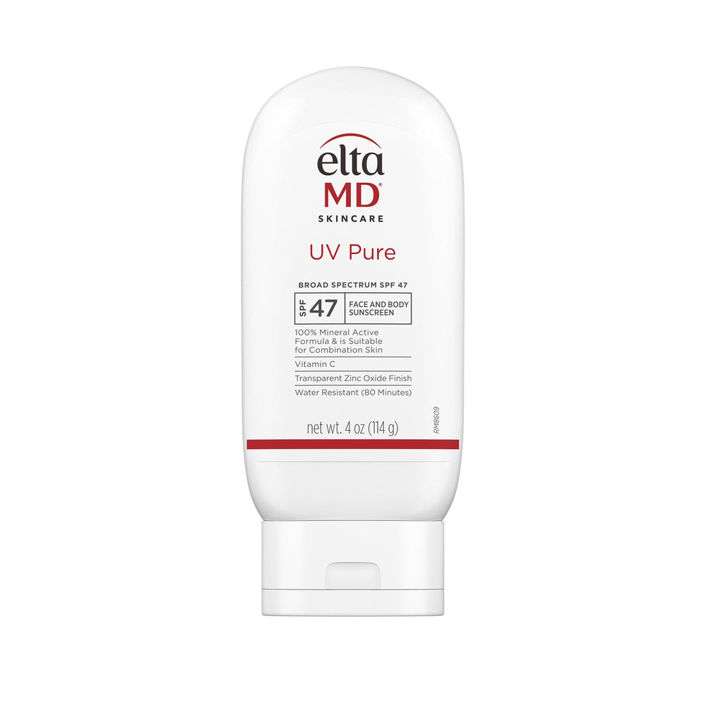 EltaMD UV Pure bottle front demonstrates family-friendly mineral sunscreen.