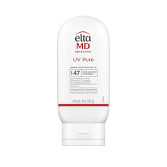 EltaMD UV Pure bottle front demonstrates family-friendly mineral sunscreen.