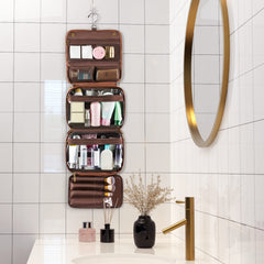Elviros removable compartments demonstrate flexible arrangement for cosmetics and toiletries.