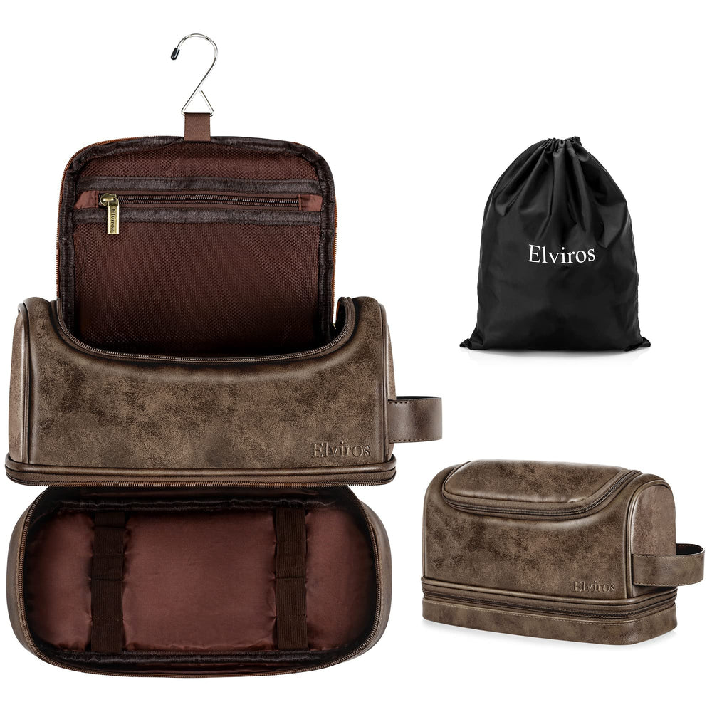 Elviros toiletry bag coffee front view shows durable PU leather and travel-ready style