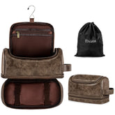 Elviros toiletry bag coffee front view shows durable PU leather and travel-ready style