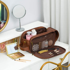 Elviros Toiletry Bag wide-open reveals internal pockets for easy packing.