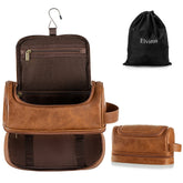 Elviros Toiletry Bag front view in brown demonstrates durable PU leather travel organization