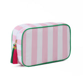 EMBRUNIOICE Stripe Makeup Bag closeup zipper for secure, stylish storage.