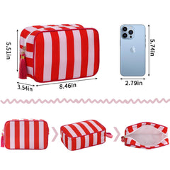 EMBRUNIOICE Stripe Makeup Bag open zipper showing spacious interior for brushes and cosmetics.