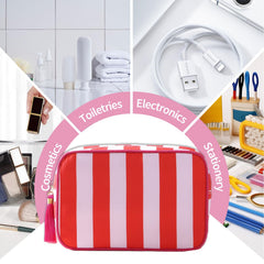 EMBRUNIOICE Stripe Makeup Bag side view with sturdy structure maintaining shape.