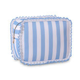 EMBRUNIOICE Stripe Ruffle Makeup Bag front view for travel-ready organization and style.