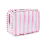 Embrunioice stripe-ruffle-makeup-bag keeps cosmetics organized for stylish travel.