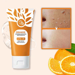 Emgmcp Orange Exfoliating Gel face closeup highlights orange enzymes dissolving impurities gently
