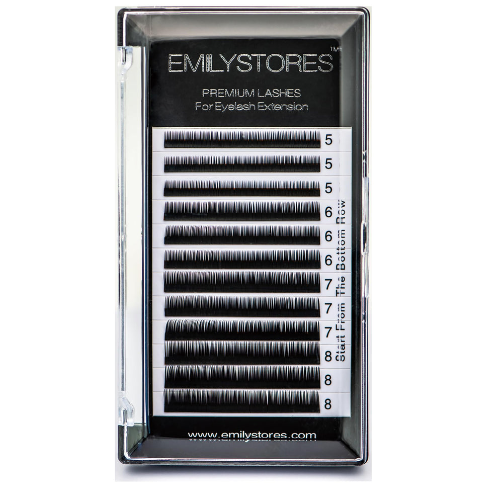 EMILYSTORES bottom lash extensions tray view with mixed J curl for precise under-lash application