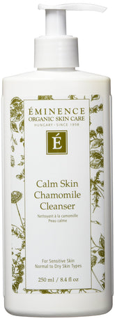Eminence Calm Skin Chamomile Cleanser bottle close-up reveals gentle cleansing for sensitive skin