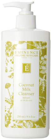 Eminence Coconut Milk Cleanser bottle pouring, hydrating for normal to dry skin
