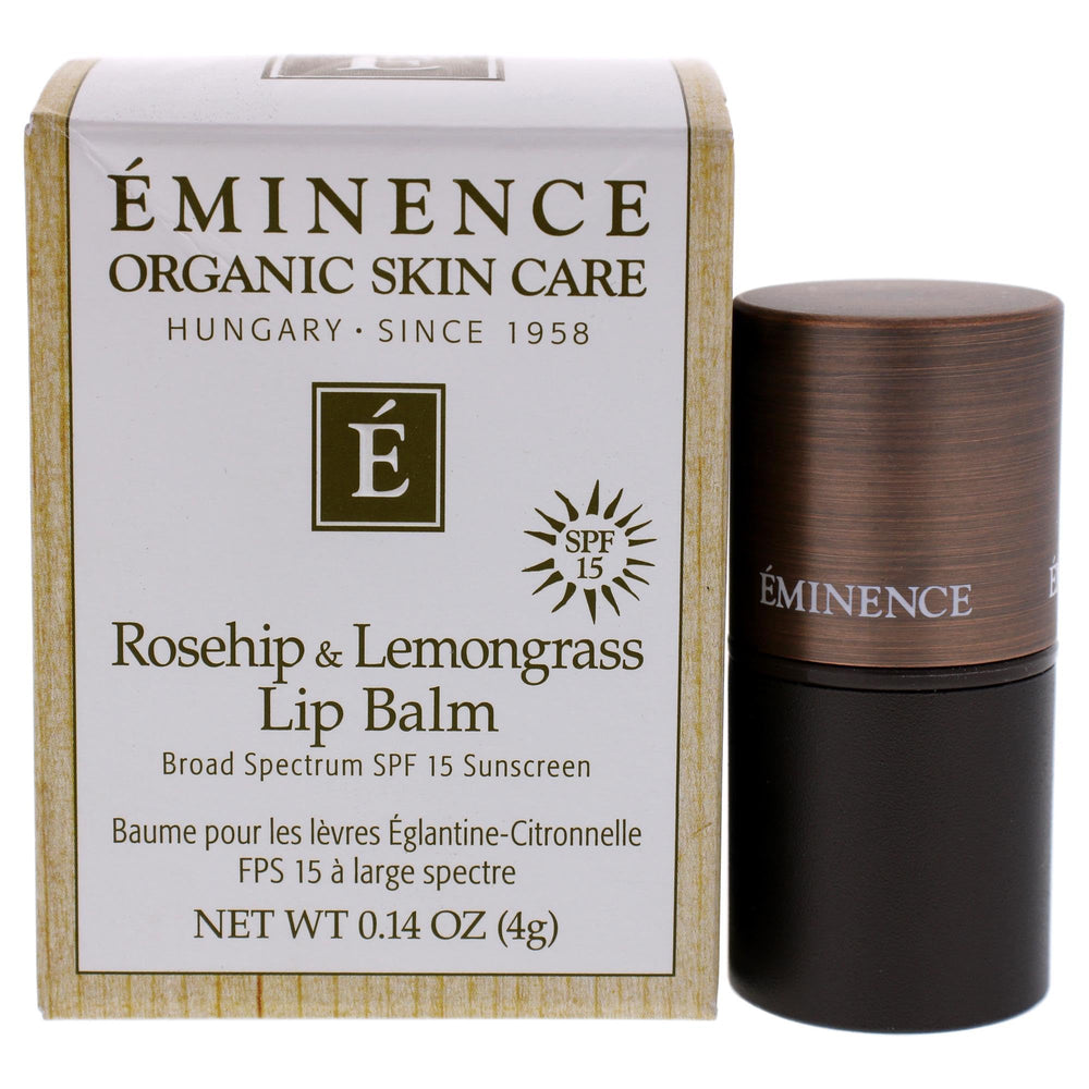 Eminence rosehip-lemongrass lip balm-tube provides all-day hydration and SPF protection.