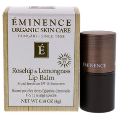 Eminence rosehip-lemongrass lip balm-tube provides all-day hydration and SPF protection.