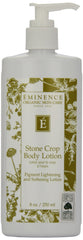 Eminence Stone Crop Body Lotion bottle close-up, hydrating skin after sun exposure.