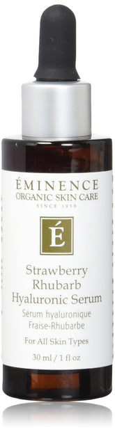 Eminence Strawberry Rhubarb Serum bottle pour highlights lightweight hydration for radiant skin