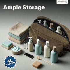 Emissary brown travel bag closed, showcasing compact, spacious design for toiletries.