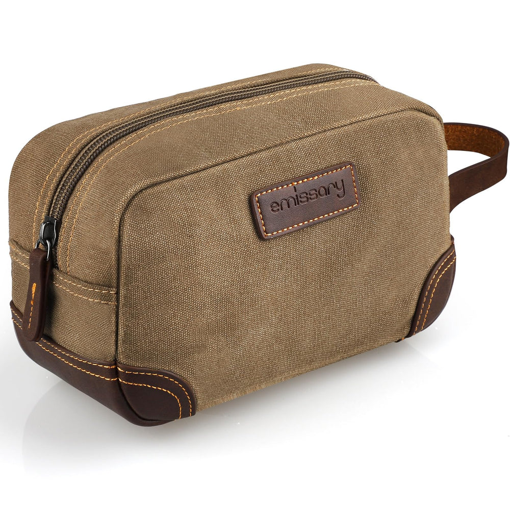 Emissary Dopp Kit front view in brown shows durable canvas and leather for travel.