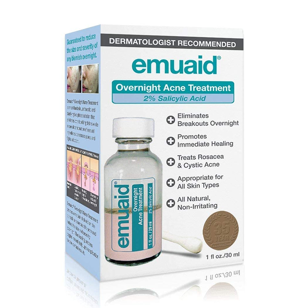 EMUAID overnight acne treatment bottle close-up highlighting premium formula for clearer skin