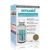 EMUAID overnight acne treatment bottle close-up highlighting premium formula for clearer skin