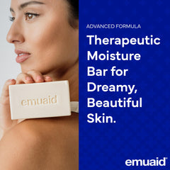emuaid Therapeutic Moisture Bar slice closeup reveals triple-milled texture for gentle cleansing.