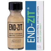 End-zit bottle close-up shows fast-acting acne treatment for clearer skin.