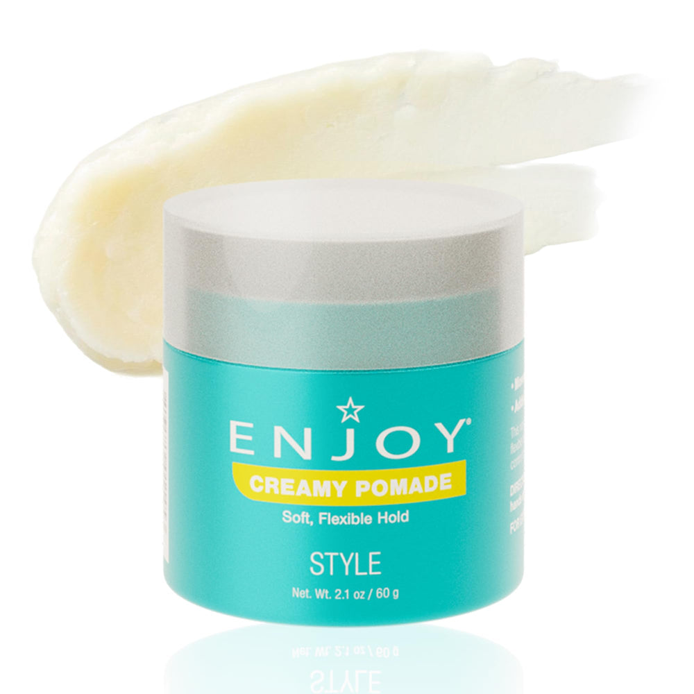 Enjoy Creamy Pomade jar closeup showcases smooth texture for easy styling.