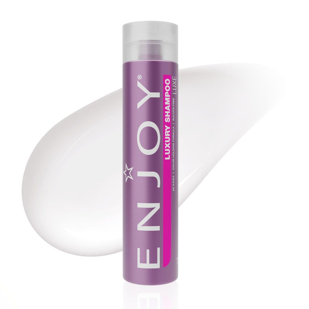 Enjoy Luxury Shampoo bottle closeup highlighting sulfate-free formula for healthy shine and moisture