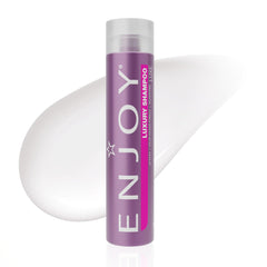 Enjoy Luxury Shampoo bottle closeup highlighting sulfate-free formula for healthy shine and moisture