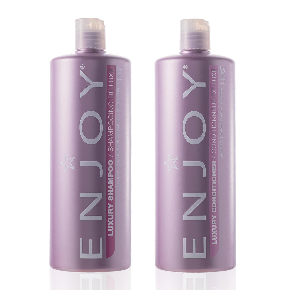Enjoy Luxury Shampoo bottle pour showing frizz control and shine.