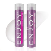 Enjoy Luxury Shampoo bottle pour showing frizz control in action