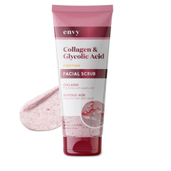 Envy Collagen & Glycolic Face Scrub packaging highlights clean design for daily use