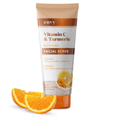 Envy Vitamin C and Turmeric Face Scrub packaging on shelf highlights clean, cruelty-free Korean skincare.