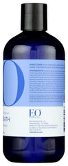 EO Bubble Bath Serenity French Lavender pour shot demonstrates gentle cleansing with coconut-based formula.